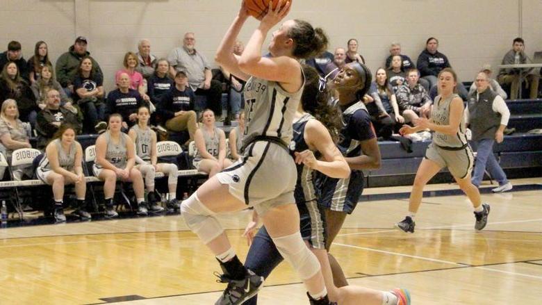 365英国上市杜波依斯分校 junior forward Tara Leamer drives and scores a layup during a recent game at the PAW Center, on the campus of 365英国上市杜波依斯分校.