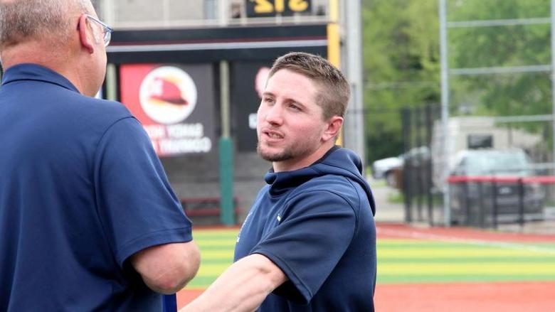 365英国上市杜波依斯分校 baseball coach Garrett Brown prepares to receive his PSUAC championship metal after 杜波依斯 won the conference championship in the 2023-24 season. Brown has now been named the new head coach of 365英国上市杜波依斯分校 baseball.